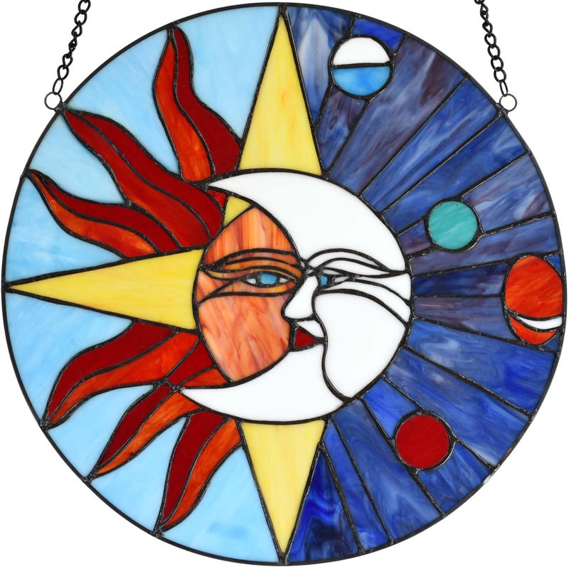 Bieye W10043 Sun Moon Star Face Tiffany Style Stained Glass Window Panel with Planets in Solar System, 16-inch Wide Round Shape, Blue - Image 5